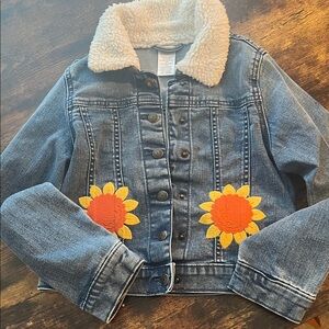 Gymboree Blue Denim Jacket with Cream Sherpa Collar and Sunflower Appliqués
